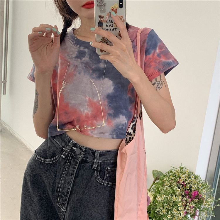 Custom tshirts High Quality Fashion Street T Shirts Women's Tie Dye Washed Short Sleeve T-Shirt Crop Top Sports Gym Tee Shirt