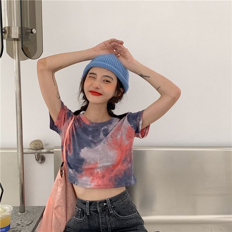 Custom tshirts High Quality Fashion Street T Shirts Women's Tie Dye Washed Short Sleeve T-Shirt Crop Top Sports Gym Tee Shirt