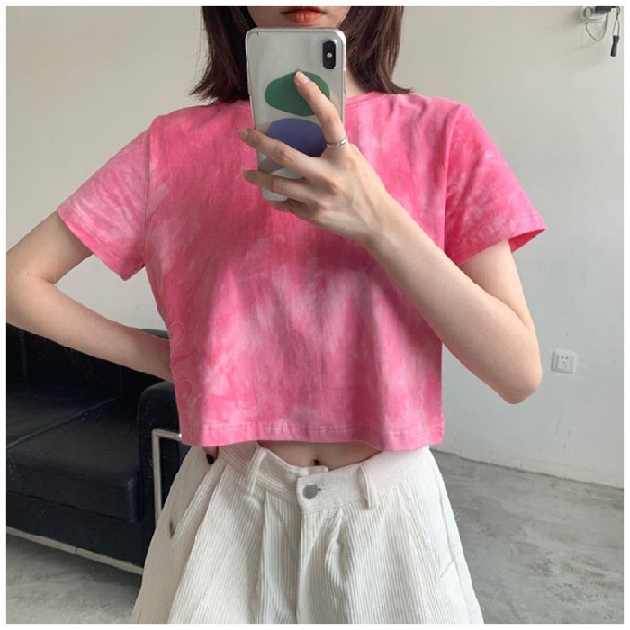 Custom tshirts High Quality Fashion Street T Shirts Women's Tie Dye Washed Short Sleeve T-Shirt Crop Top Sports Gym Tee Shirt