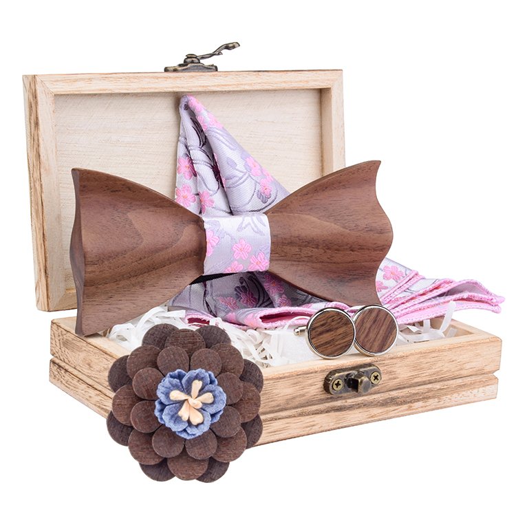 Handmade Custom Wooden Bow Tie and Handkerchief Gift Set Men Ties Wholesale Necktie Wood Bowtie and Cufflink Acceptable OEM