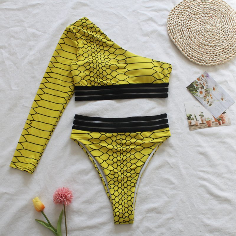 women bikini swimsuit new one-shoulder long-sleeved split swimsuit African snakeskin print fitness swimwear