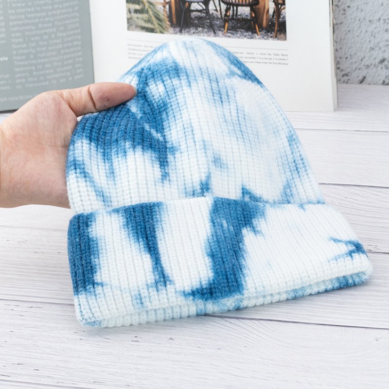 Acrylic Tie dye Skull cap Beanie Hat Knit Knitted Cuffed Winter Short Beanie Elastic Skull cap Hats