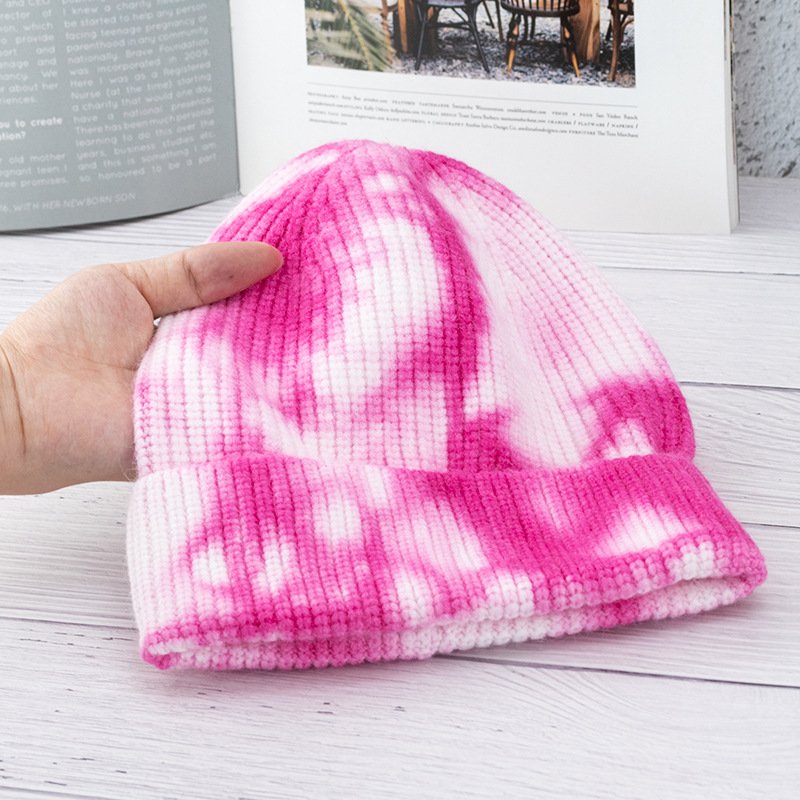 Acrylic Tie dye Skull cap Beanie Hat Knit Knitted Cuffed Winter Short Beanie Elastic Skull cap Hats