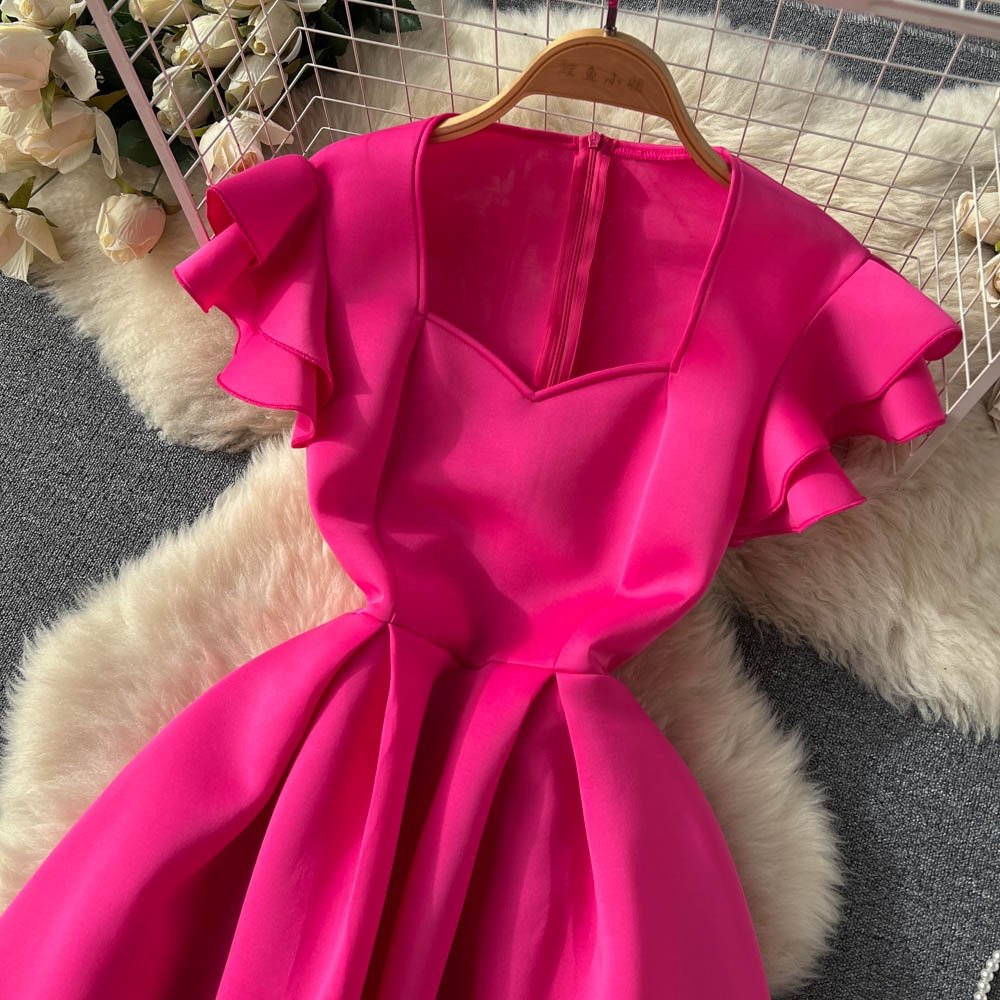Spring Summer New Square Neck Ruffled Short-Sleeved Pleated Fashion High-Waisted Dress Female