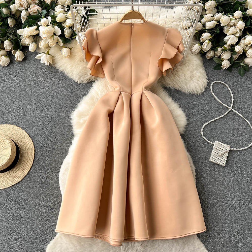 Spring Summer New Square Neck Ruffled Short-Sleeved Pleated Fashion High-Waisted Dress Female
