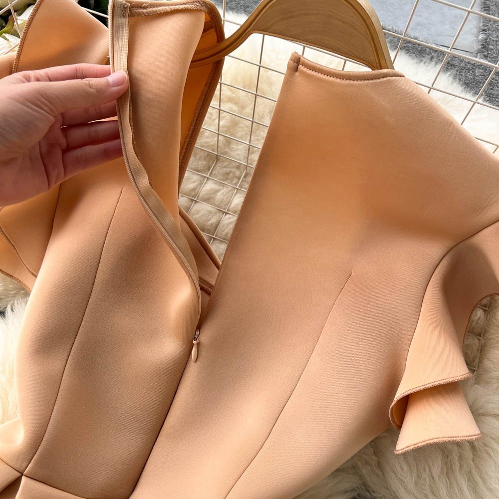 Spring Summer New Square Neck Ruffled Short-Sleeved Pleated Fashion High-Waisted Dress Female