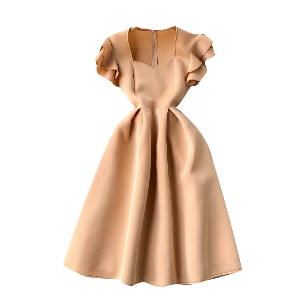 Spring Summer New Square Neck Ruffled Short-Sleeved Pleated Fashion High-Waisted Dress Female
