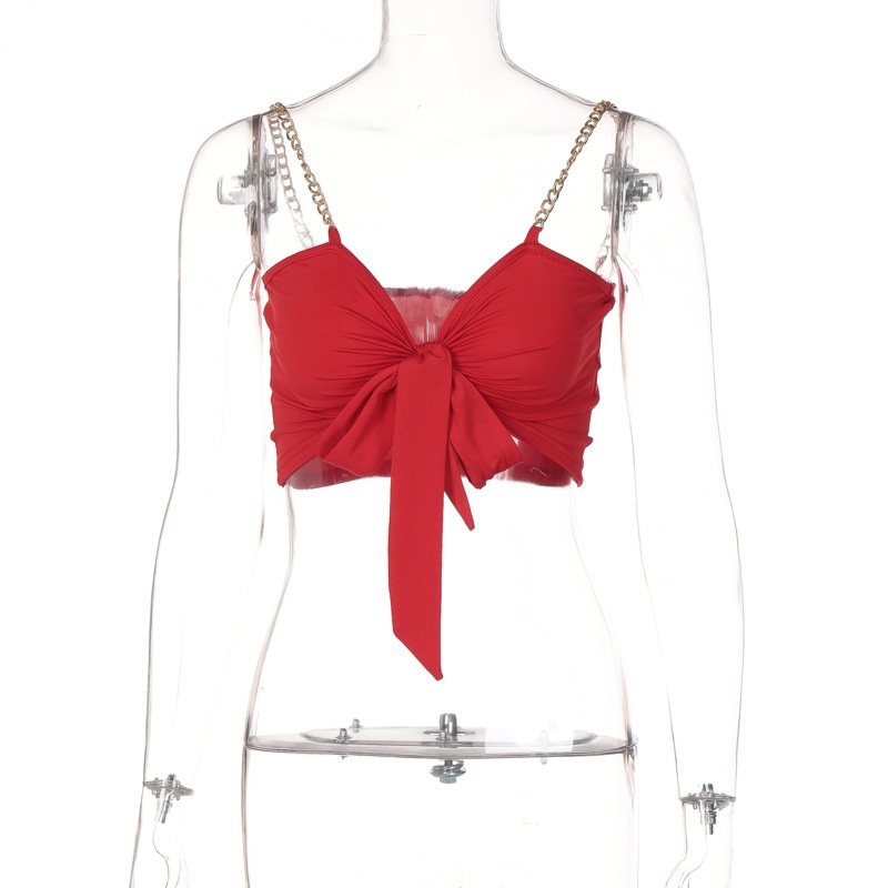 Wholesale Designer Chain Strap V Neck Bow Tie Red Camisole Tank Top Hot Girls Streetwear Summer Clothing Crop Tops For Women