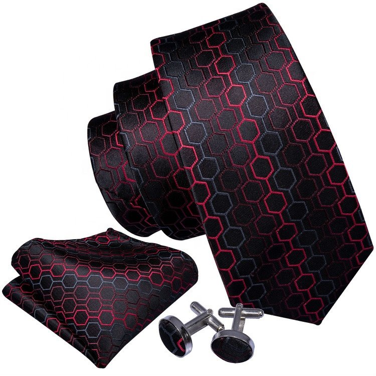 Custom Logo Design Men Ties Black Red Checked Necktie Silk Tie and Hanky Set