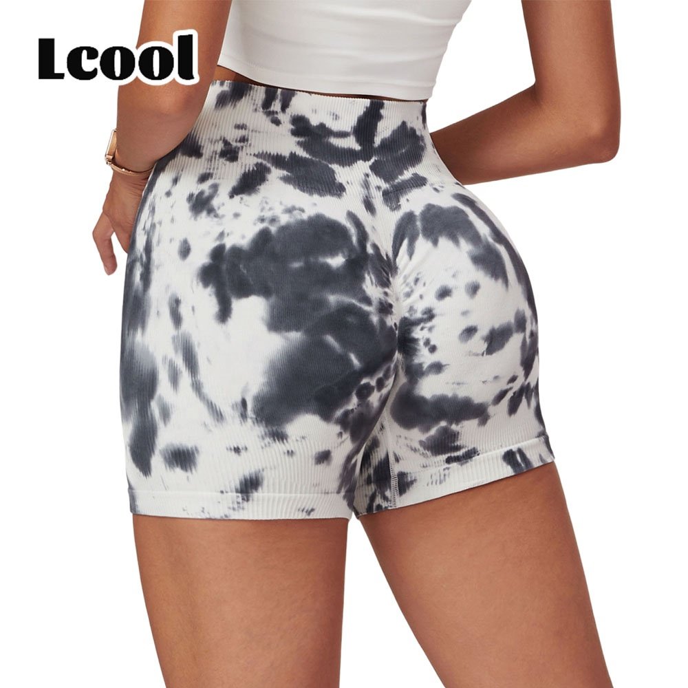Lcool Rib Women Slim Scrunch Butt Gym Short Seamless High Waist Tie Dye Yoga Biker Shorts
