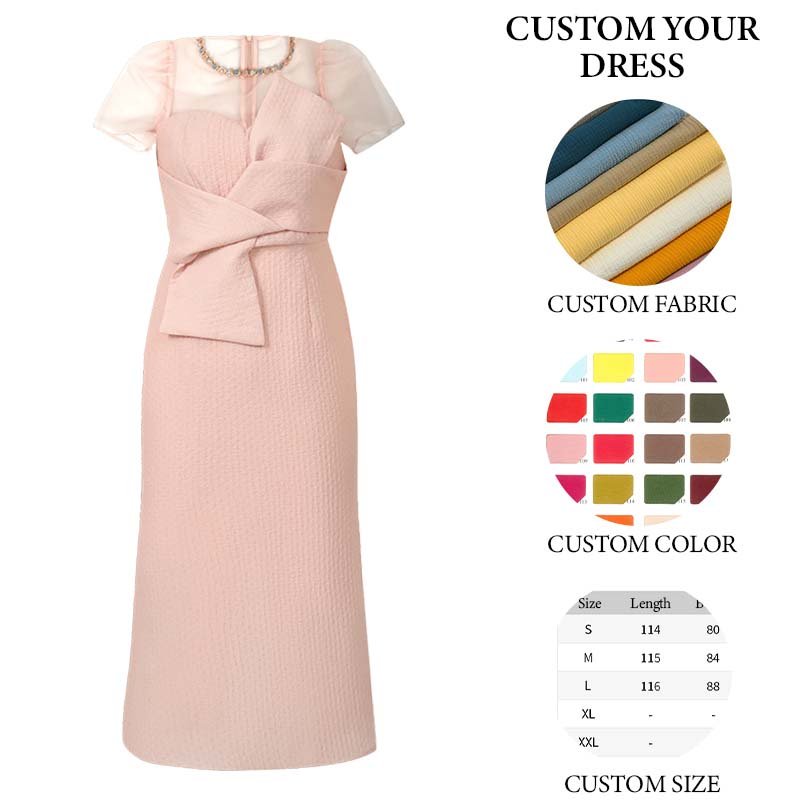 ZYHT 30909 Contrasting Color Midi Short Sleeve Pencil Dress Office Lady Crew Neck Back Slit Slim Fit Elegant Dress