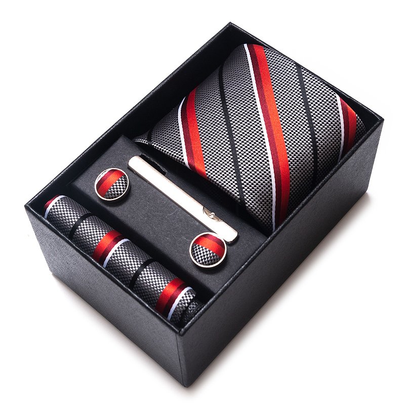Luxury Necktie Box Printed Dark Red Memorial Day 8 cm Hanky Pocket Square Cufflink Silk Tie Set