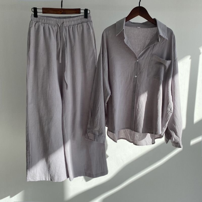 Custom High Quality Cotton Linen Breathable Long Sleeve Shirt Set Straight Pants Two Pieces Sets Women's Summer Sets Elegant