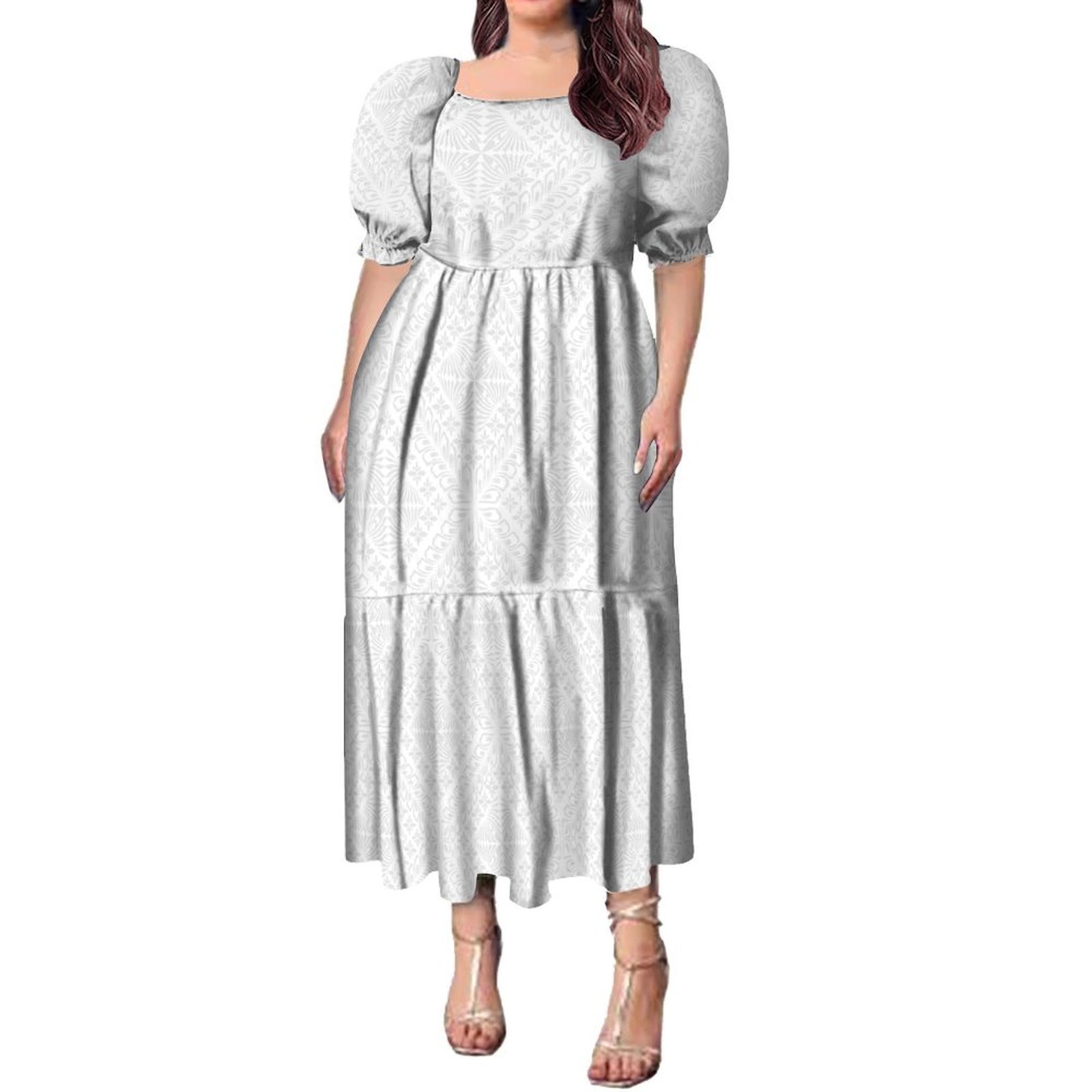 New Design Customize Mother's Day Gift White Sunday Design Polynesian Tribal Print Puff Sleeve Midi Dresses Women Elegant Female