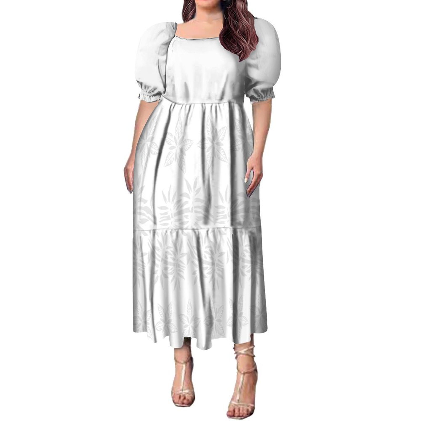 New Design Customize Mother's Day Gift White Sunday Design Polynesian Tribal Print Puff Sleeve Midi Dresses Women Elegant Female