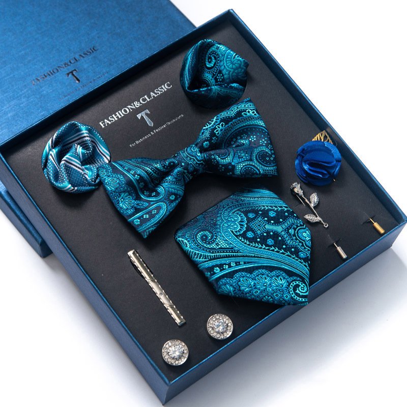 Men's Tie Set Gift Box Fashion Brand Bowtie Pocket Squares Brooch Cufflinks Clip Suit For Mens Necktie Wedding Party