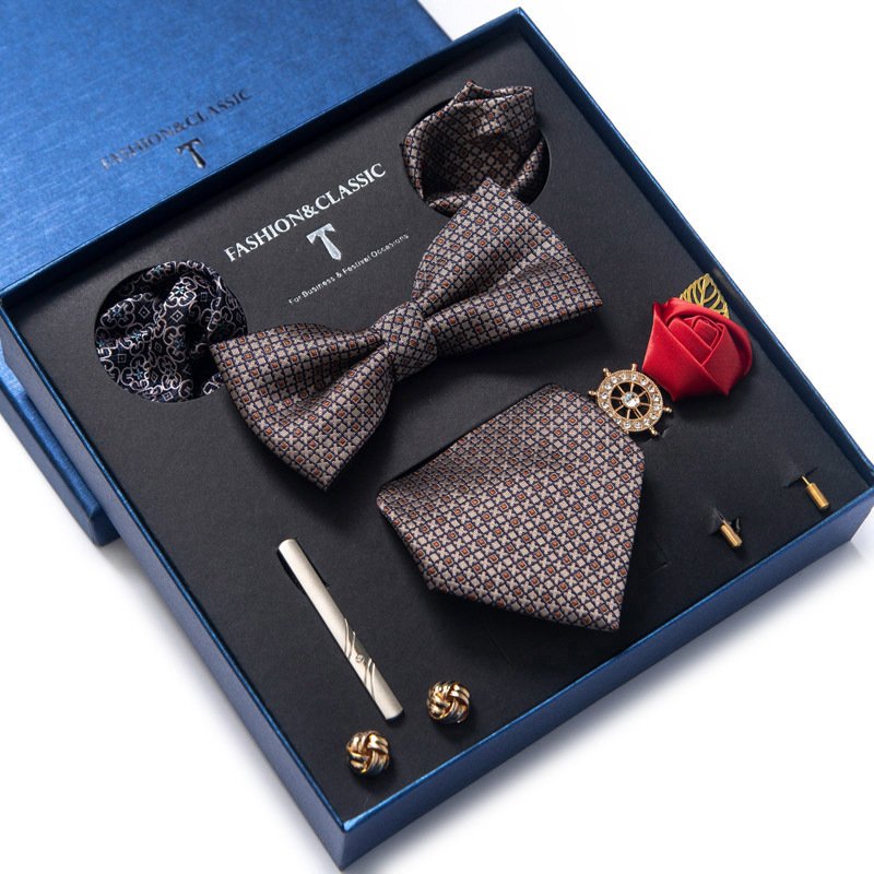 Men's Tie Set Gift Box Fashion Brand Bowtie Pocket Squares Brooch Cufflinks Clip Suit For Mens Necktie Wedding Party