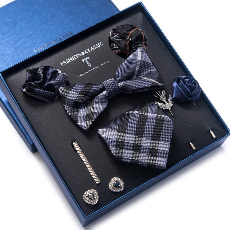 Men's Tie Set Gift Box Fashion Brand Bowtie Pocket Squares Brooch Cufflinks Clip Suit For Mens Necktie Wedding Party