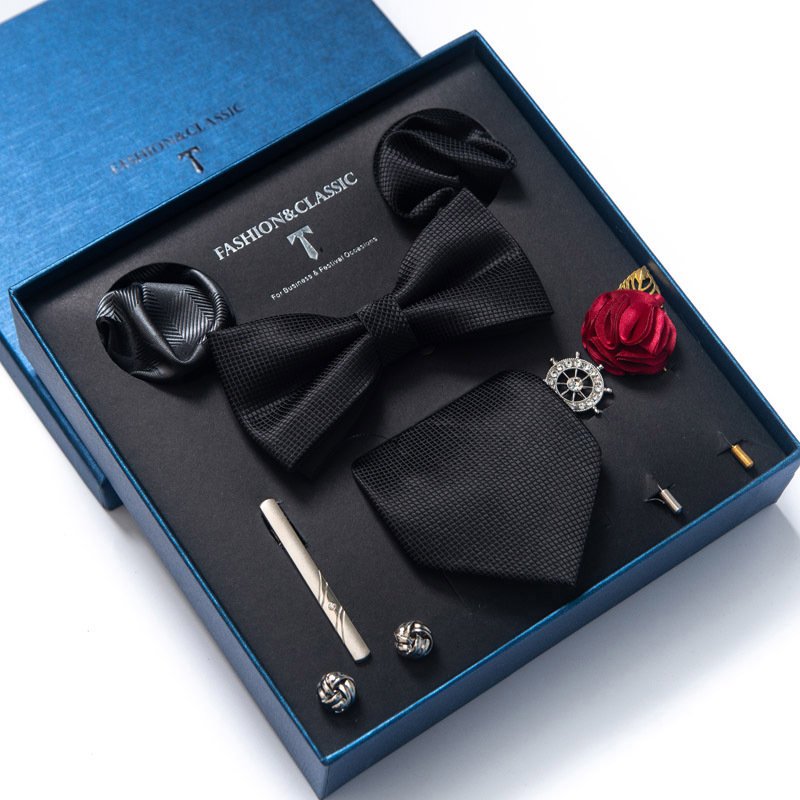 Men's Tie Set Gift Box Fashion Brand Bowtie Pocket Squares Brooch Cufflinks Clip Suit For Mens Necktie Wedding Party