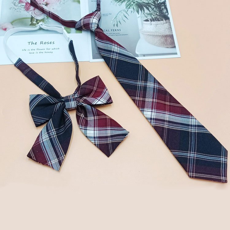 Classic Casual Skinny Checked School Uniform Bow Tie Plaid Jacquard Polyester Neckties Set