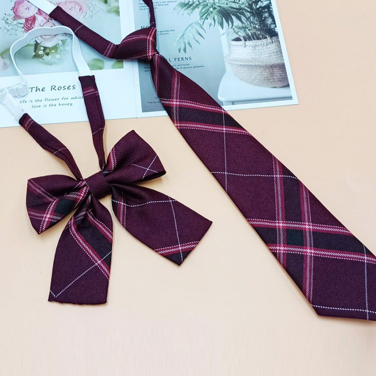Classic Casual Skinny Checked School Uniform Bow Tie Plaid Jacquard Polyester Neckties Set