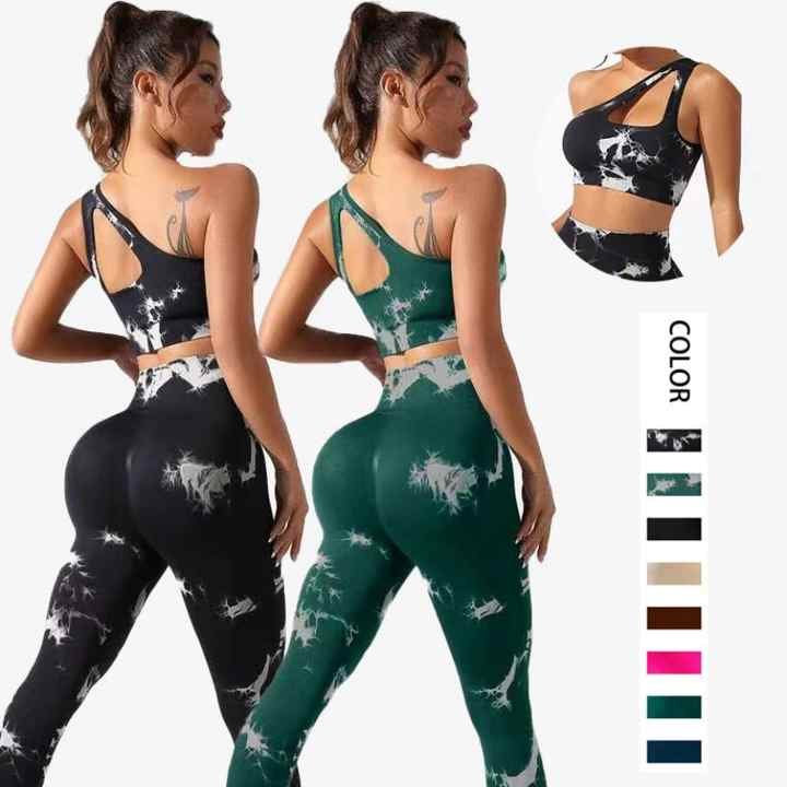 Hot 2024 New Women Tie Dye Ribbed Fitness Yoga Suit Slant Shoulder Bra High Waist Hip Lift Leggings Women Seamless Two Yoga Set