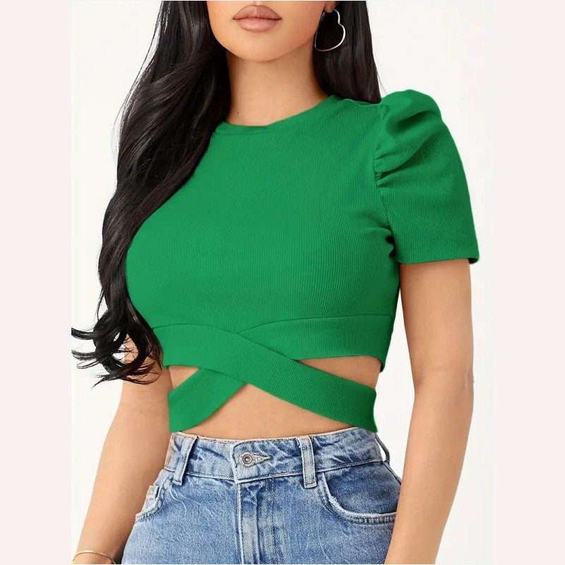 Women's Activewear Slim Cross Tie Crop T-Shirt Fitness Puff Sleeve Crop Running Sports Short Sleeve Yoga Tops