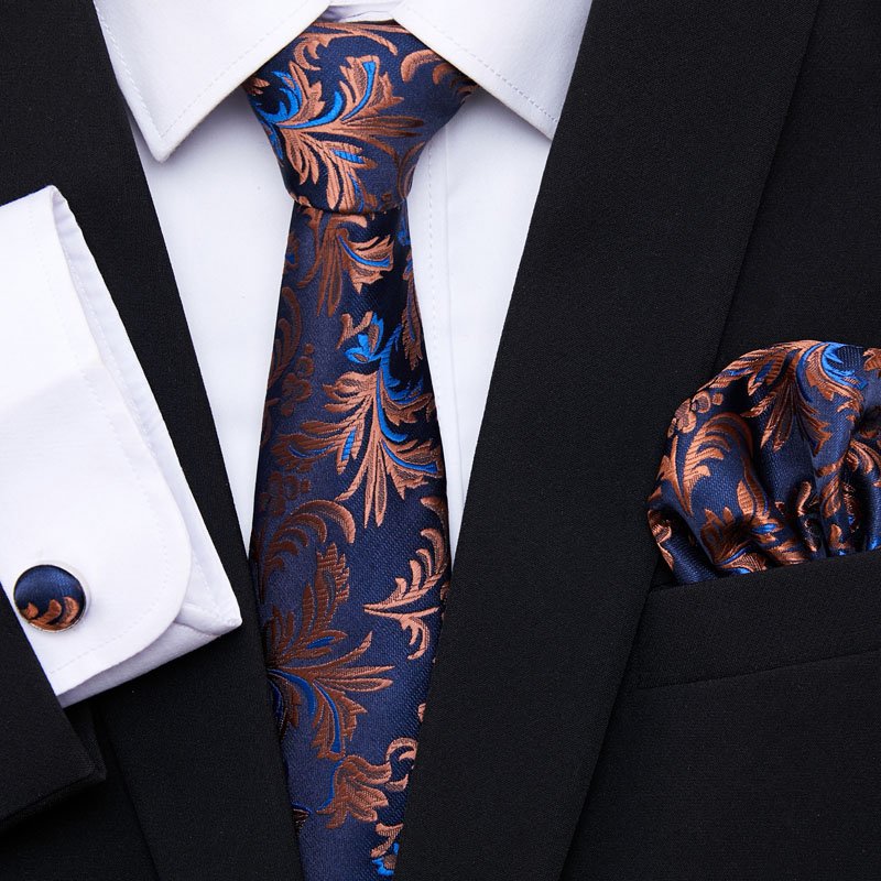 Fashion Design Gold Floral Ties For Men Shirts Silk Men's Tie Handkerchief Cufflinks Set 35 Colors Necktie