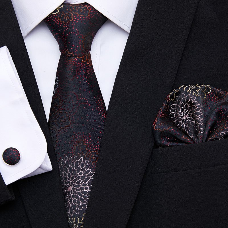Fashion Design Gold Floral Ties For Men Shirts Silk Men's Tie Handkerchief Cufflinks Set 35 Colors Necktie