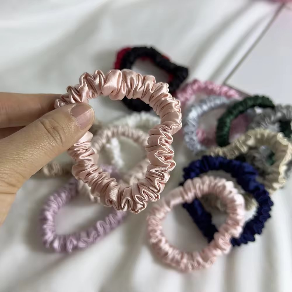 No Damage Handmade Small Mini Thin Elestics Ponytail Holder Scrunchies Silk Satin Hair Ties