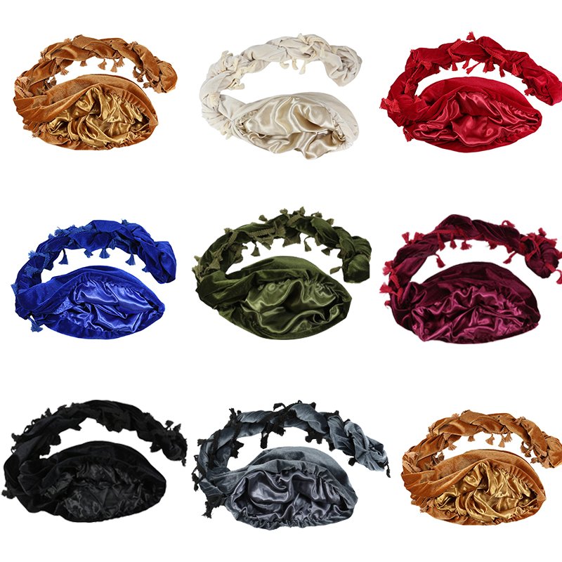 Hip Hop Vintage Satin Silk Lined Pleuche Velvet Pre-Tied Halo Twisted Mens Turban Head Wrap Durag For Men