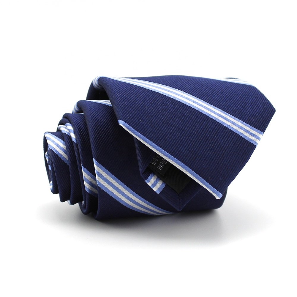 China Wholesale Dark Blue White Classic Striped Mens Custom Necktie School 100% Silk Jacquard Woven Best Men's Stripe Tie