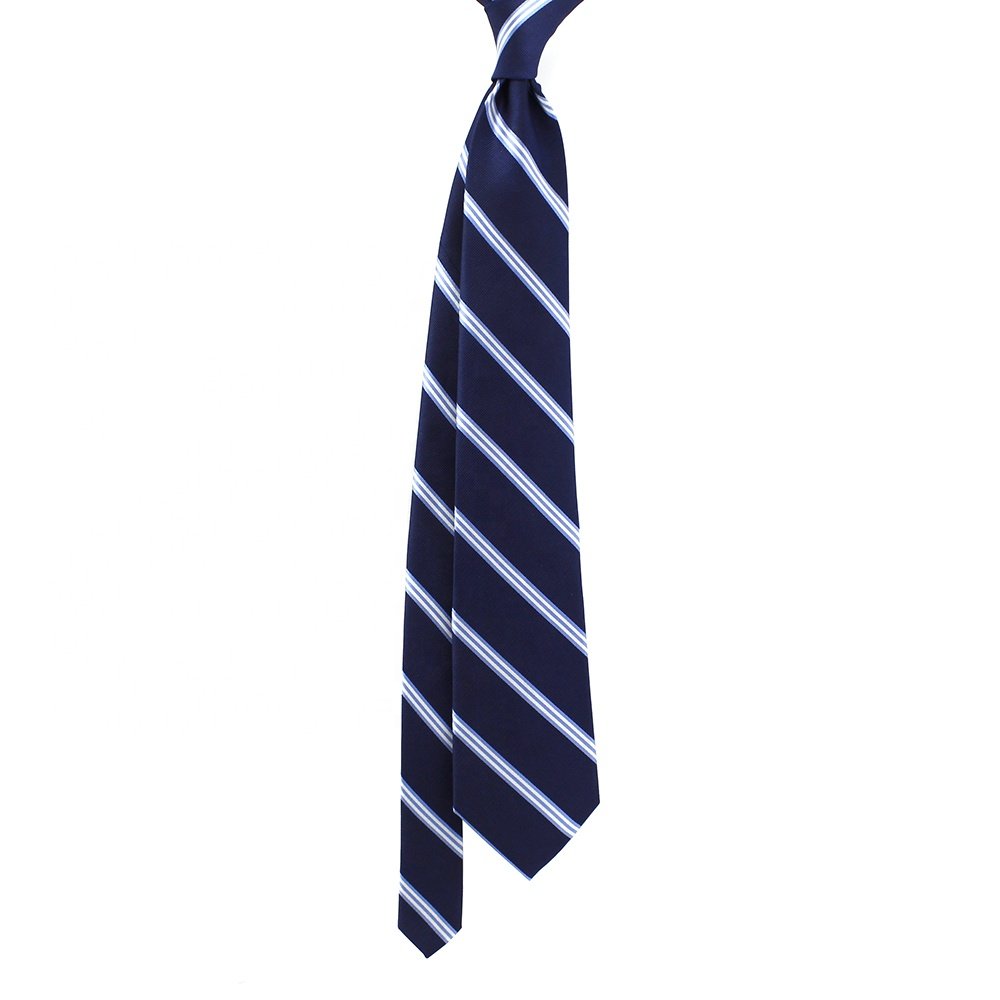 China Wholesale Dark Blue White Classic Striped Mens Custom Necktie School 100% Silk Jacquard Woven Best Men's Stripe Tie
