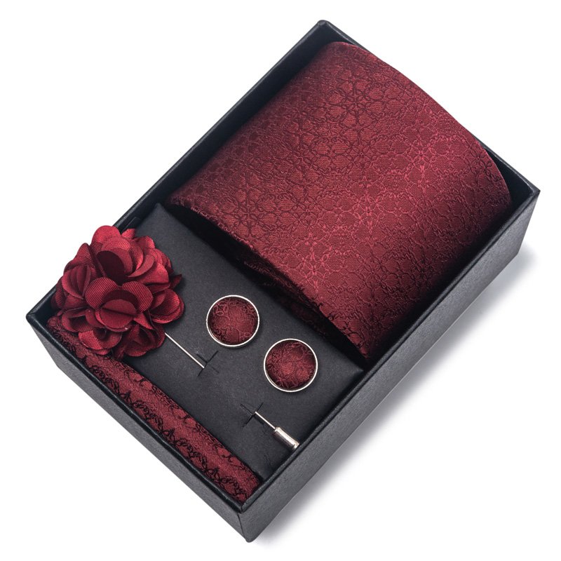 New fashion 5pcs per set necktie hanky cufflink polyester silk necktie for men