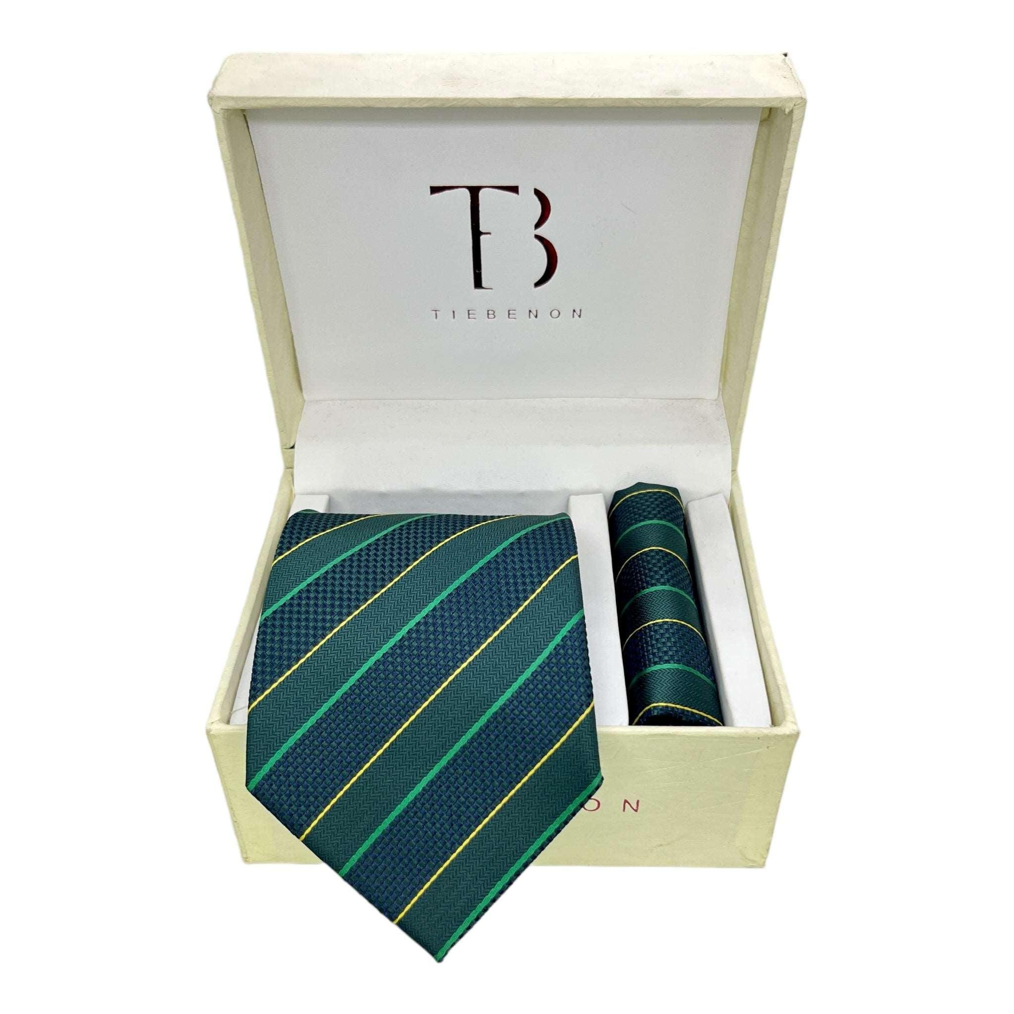 Bottle Green Stripe Tie And Pocket Square Combo
