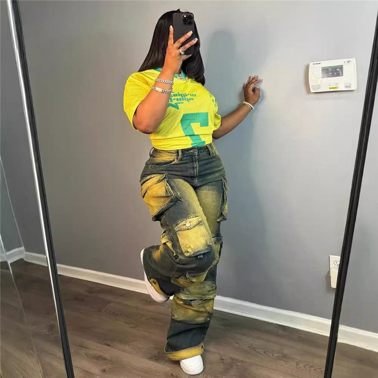Cargo Jeans for Women Straight Leg Denim Baggy Pants Tie Dye Streetwear Pockets Jean Pants