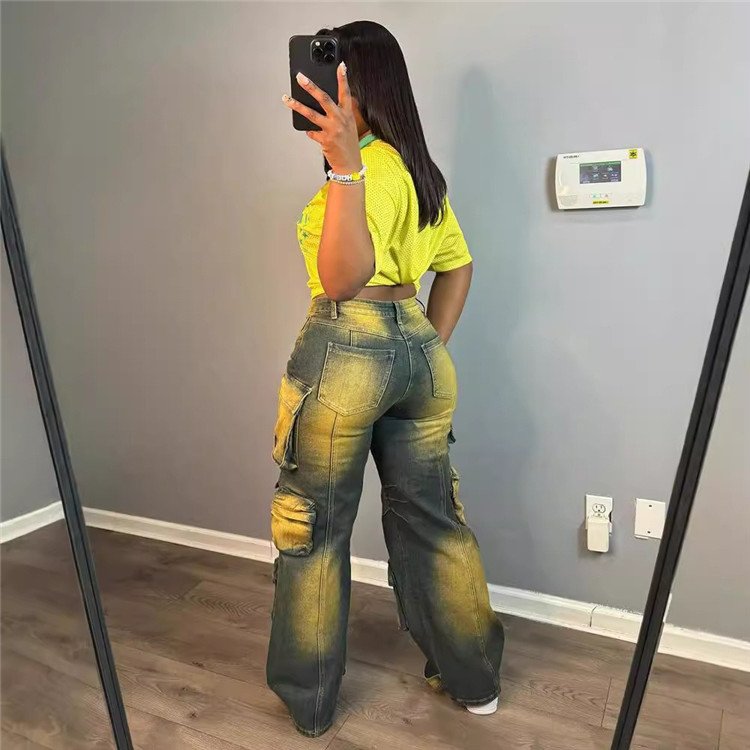 Cargo Jeans for Women Straight Leg Denim Baggy Pants Tie Dye Streetwear Pockets Jean Pants