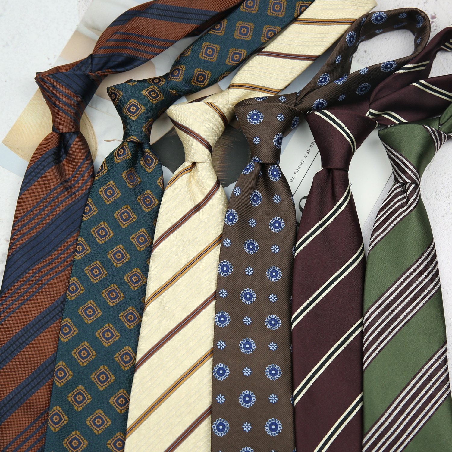 Wholesale Vintage Printed Silk Neck Tie Quality Man Korean Retro Coffee Milky White 100 Polyester Neck Tie