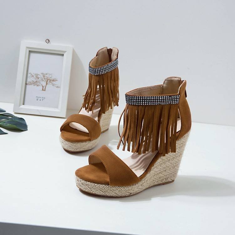 2024 Custom Design Mature peep toe sexy tassels suede women diamonds ankle strap chunky high heel Custom platform wedge sandals