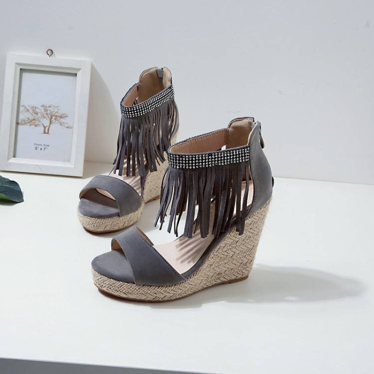 2024 Custom Design Mature peep toe sexy tassels suede women diamonds ankle strap chunky high heel Custom platform wedge sandals