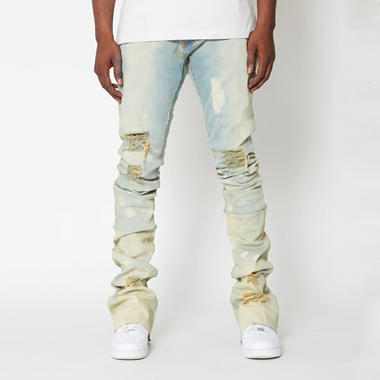 Wholesale custom vintage y2k pants flare washed denim ripped stacked skinny men's jeans