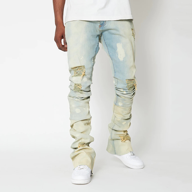 Wholesale custom vintage y2k pants flare washed denim ripped stacked skinny men's jeans