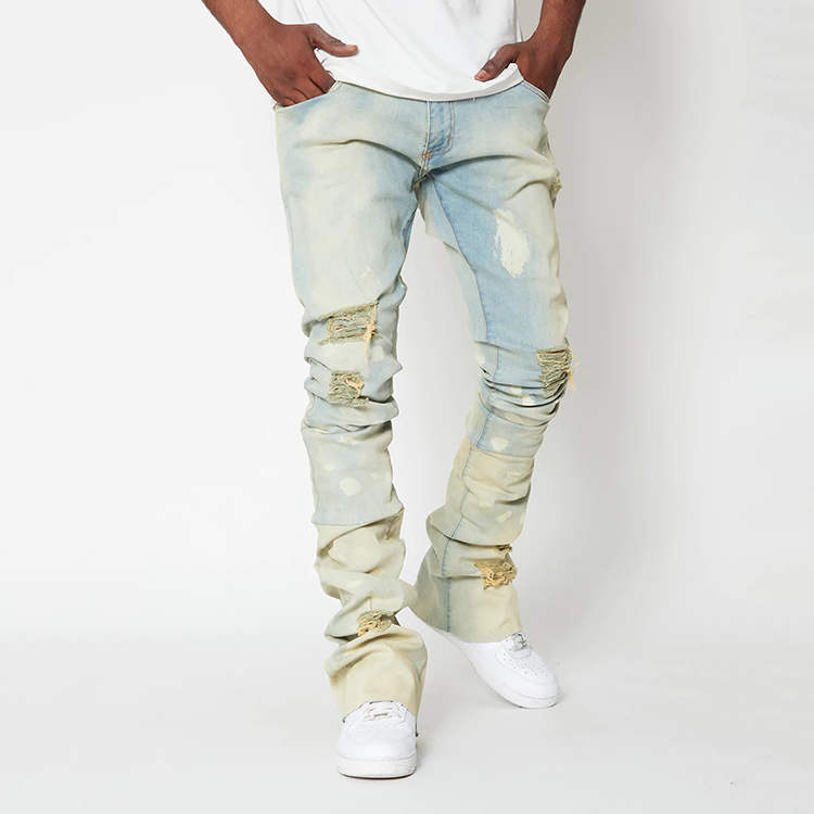 Wholesale custom vintage y2k pants flare washed denim ripped stacked skinny men's jeans