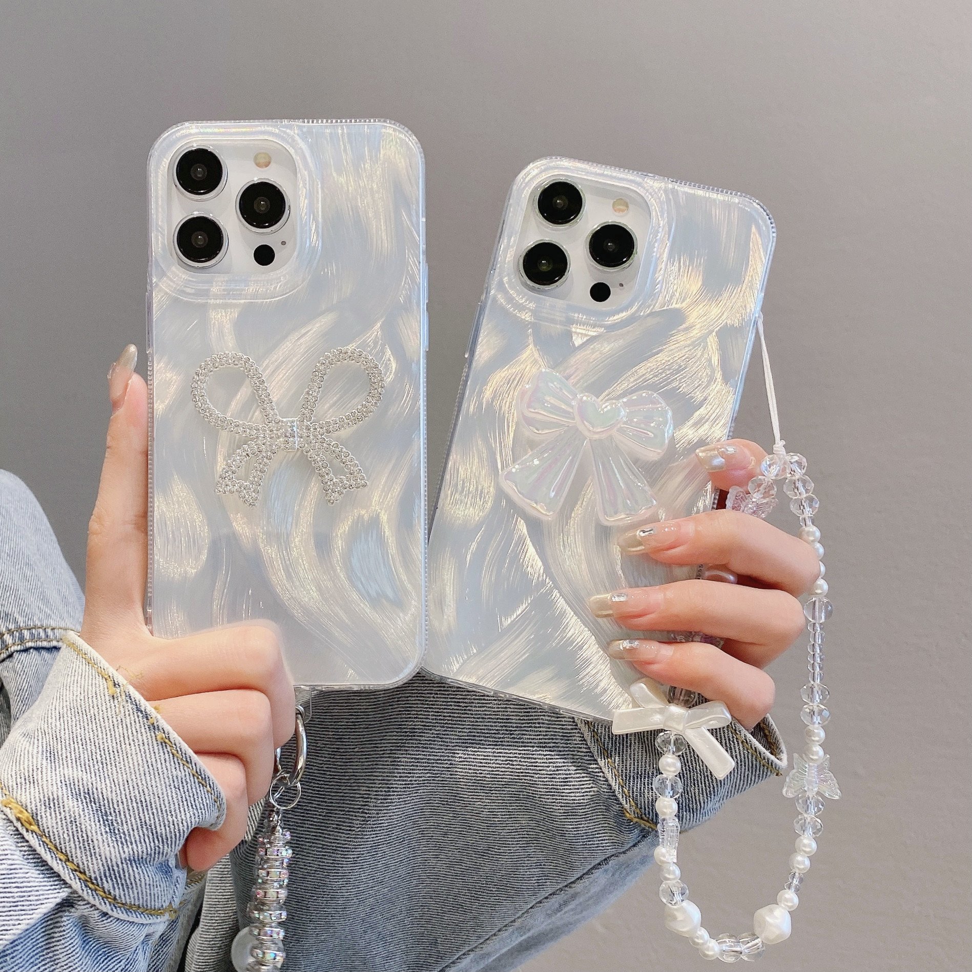 NEW Style Bow tie Phone case For iPhone 16 15 Pro Max 14 13 12 11 Shiny Feather yarn With chain Shockproof Mobile Cover
