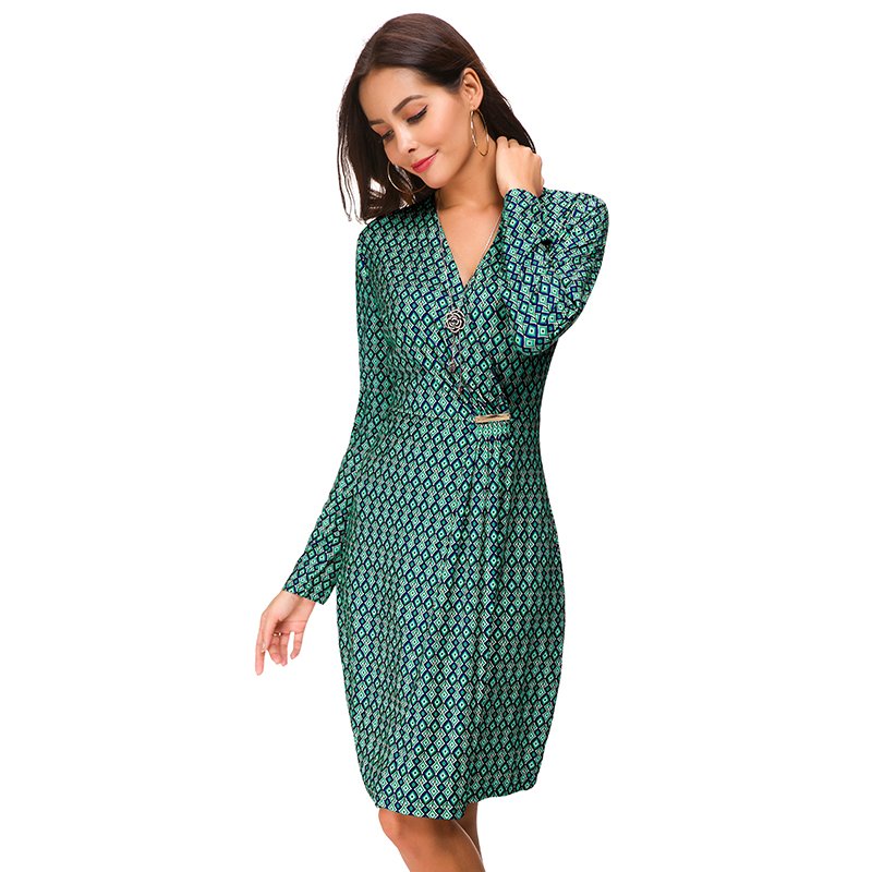 Latest design casual office lady style wear V neck waist tie slim fit bodycon floral women dress