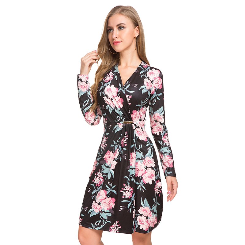 Latest design casual office lady style wear V neck waist tie slim fit bodycon floral women dress