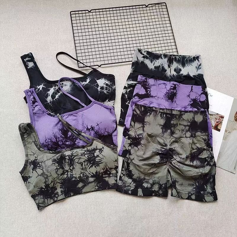 2024 new arrival Women's sports seamless tie dye yoga set diagonal shoulder bra sports leggings womens yoga fitness set