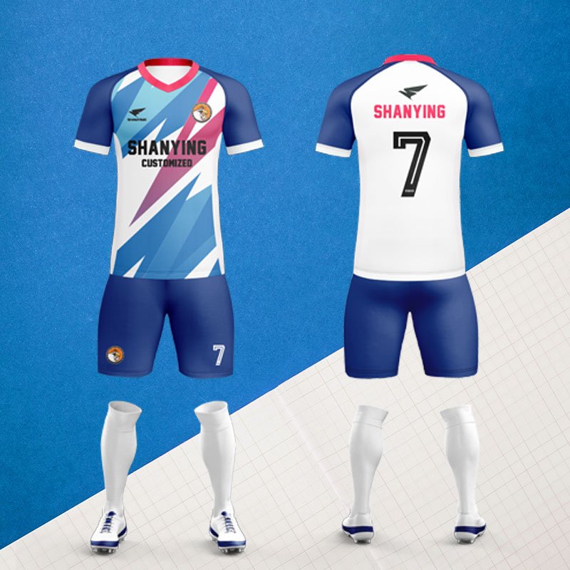 23/24 Oem Service Custom Breathable Blue And White Classic Soccer Uniforms Set Club Team Bulk Soccer Jersey