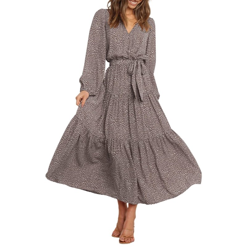 Ladies Chiffon Boho Dress V Neck Long Sleeve High Waist Self Tie Swing Long Floral Print Dresses Autumn