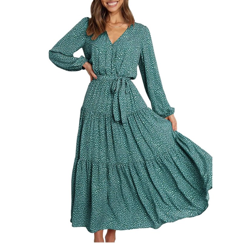 Ladies Chiffon Boho Dress V Neck Long Sleeve High Waist Self Tie Swing Long Floral Print Dresses Autumn